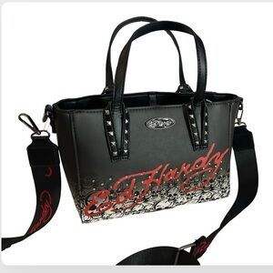ED HARDY SMALL BLACK & WHITE SKULL RHINESTONE & STUDS CROSSBODY TOTE PURSE NWT